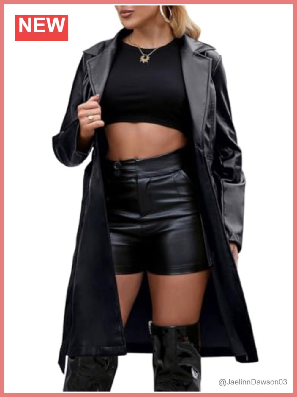 Faux Leather Trench Coat Long Button Front Belted Loose Fit Women
